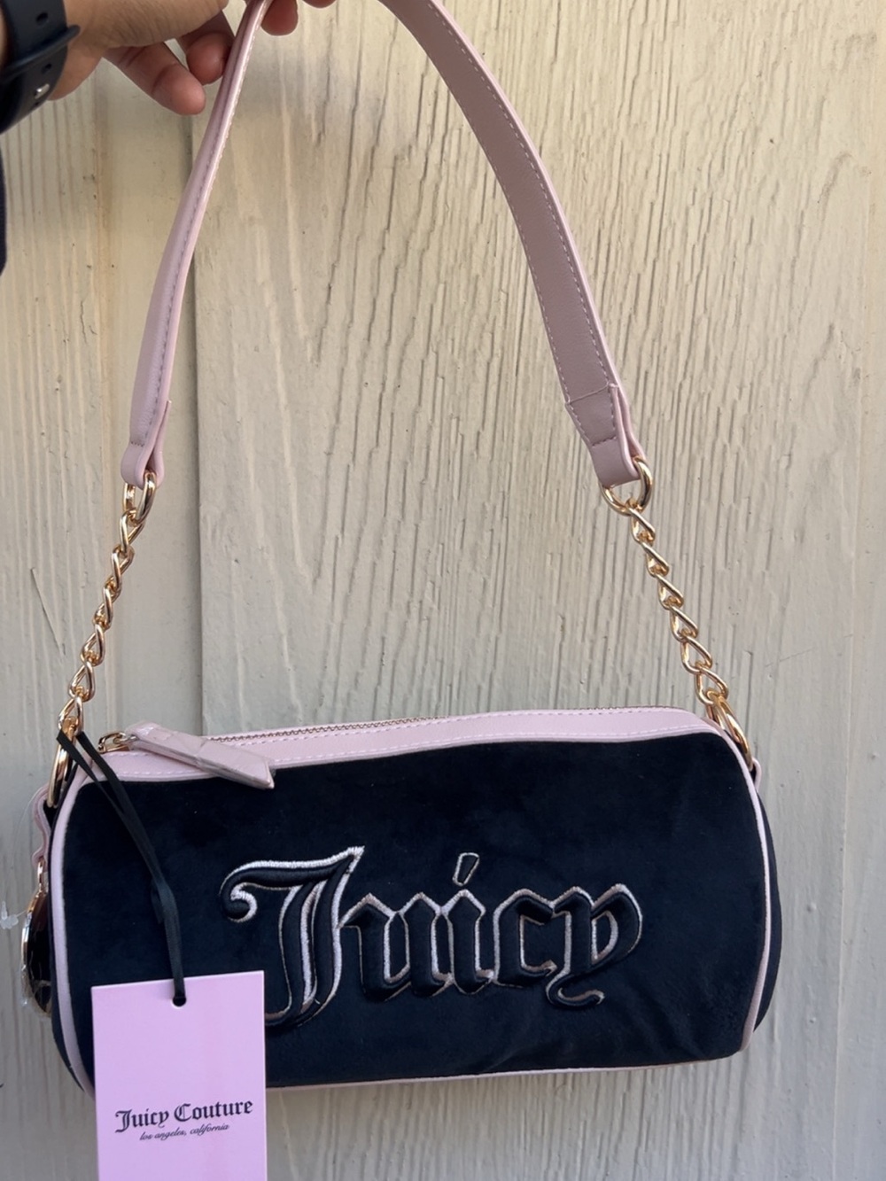 Juicy Couture Black Barrel Shoulder Bag with Light Pink Trim